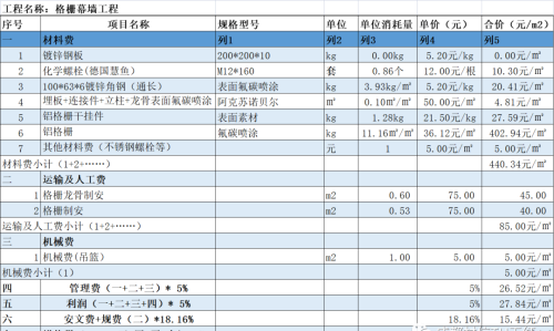 玻璃幕墙单价分析表(玻璃幕墙组价清单)