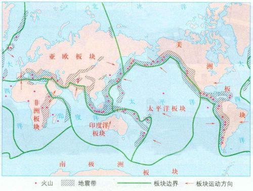 六大板块和火山地震带(六大板块及火山地震分布简图)