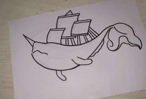 鲸鱼帆船插画(鲸鱼帆船黑白画)