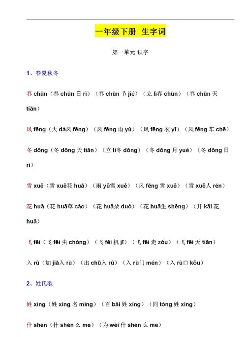 一年级语文下册生字组词大全(一年级语文下册生字组词带拼音人教版)