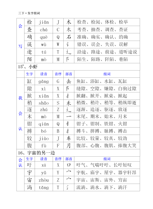 三年级下册语文生字音序部首和组词(部编三年级语文下册生字注音及组词)