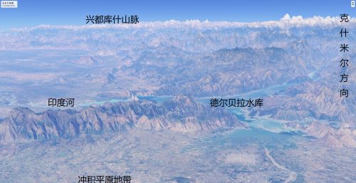 喜马拉雅山上五大水库的地形图，印度有三个，巴基斯坦两个