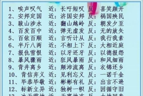 100个成语近义词和反义词(成语大全近义词反义词及意思)