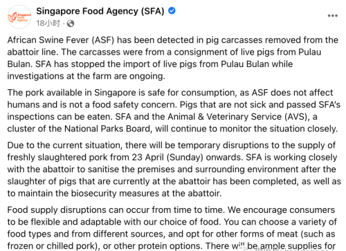 新加坡屠宰场验出非洲猪瘟，新鲜猪肉供应被喊暂停！