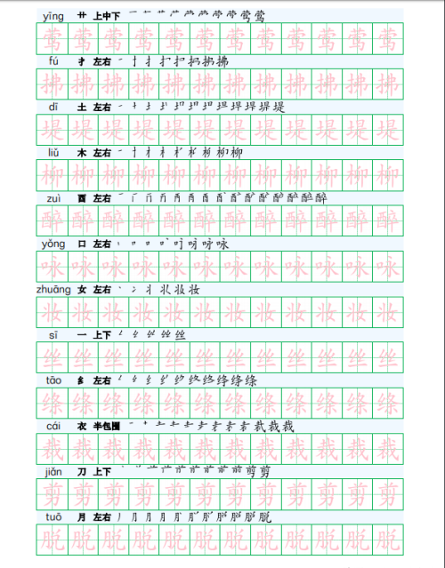 人教版二年级下册识字表田字格字帖(二年级下册语文生字注音田字格)