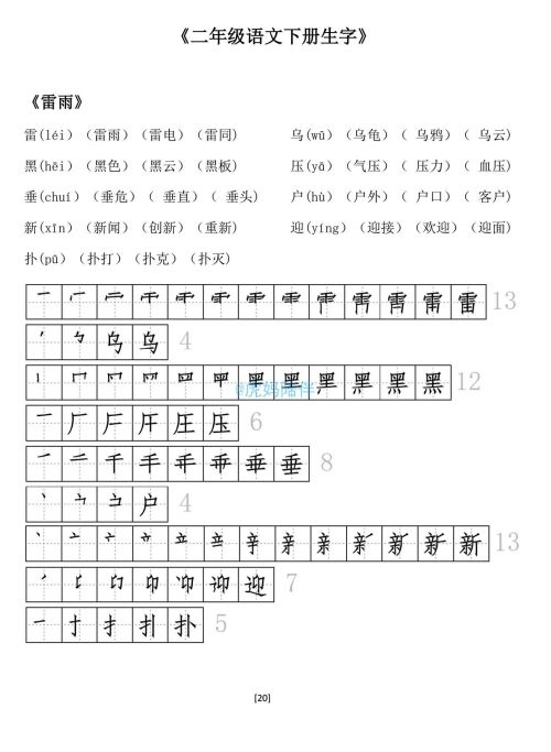 二年级下册生字笔顺打印版(二年级语文下册生字拼音组词笔顺怎么写)