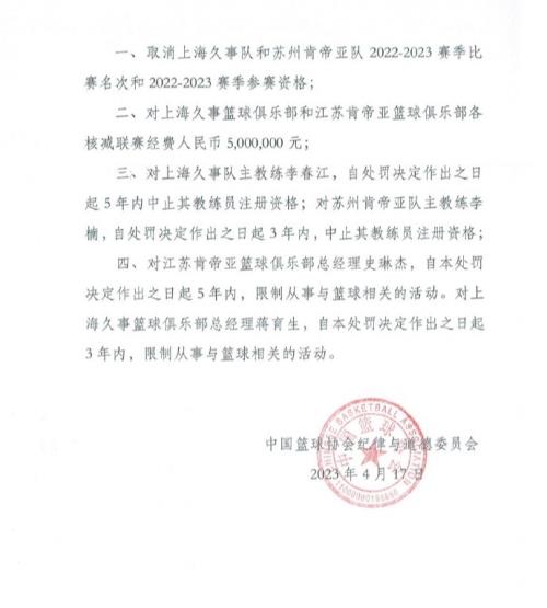  中国篮协官宣历史最重罚单！李春江禁赛5年，李楠禁赛3年