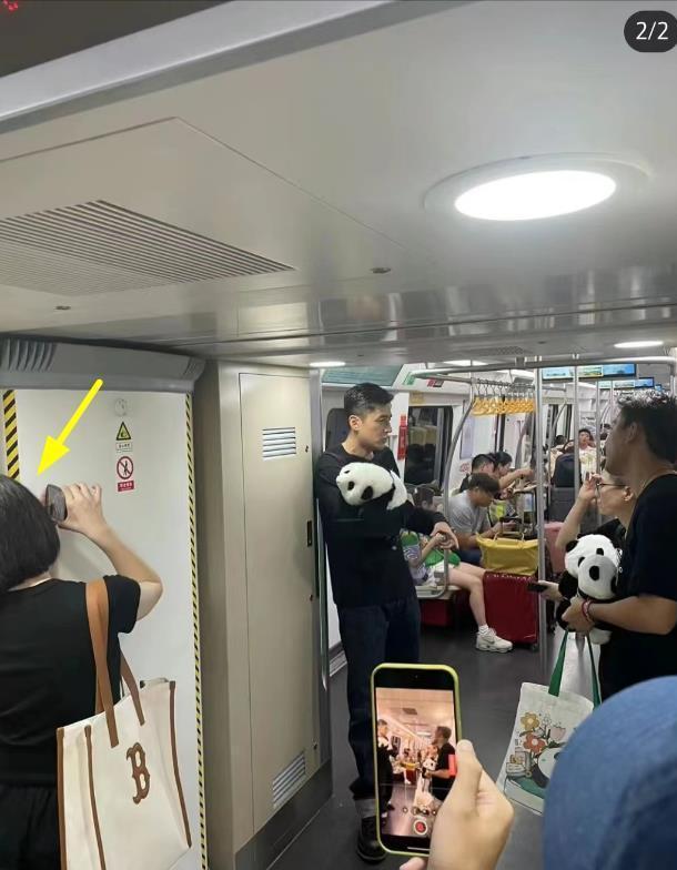 胡歌抱国宝现身地铁（和剧组人员抱着熊猫玩具乘车）(2)